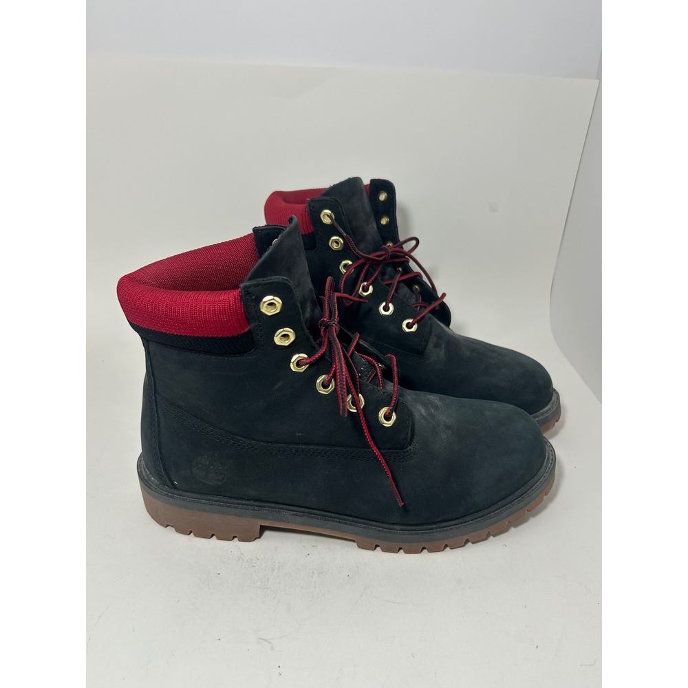 Timberland 6 Inch Premium Black Nubuck Red Knit Collar Boots Boys Size 7 A2FNV